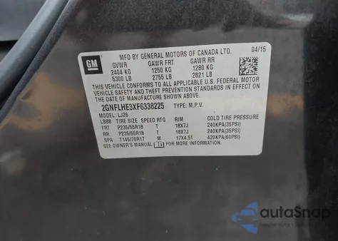 2015 Chevrolet Equinox Ltz from USA, damaged, VIN 2GNFLHE3XF6338225